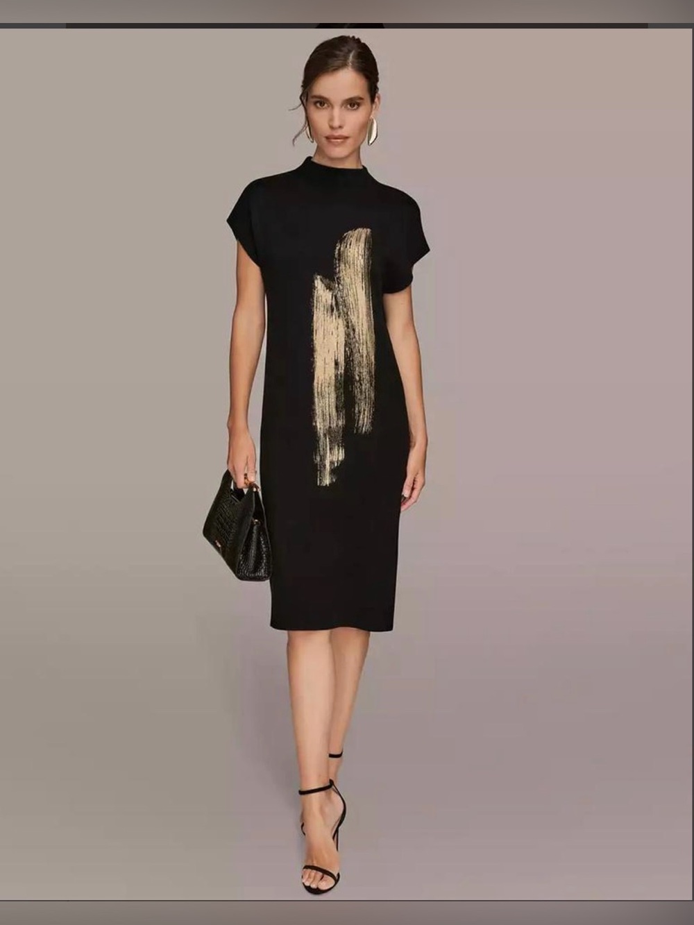 NWT Donna Karan Black High Neck Sweater Dress with Gold Brushstroke. XLARGE - Picture 10 of 15